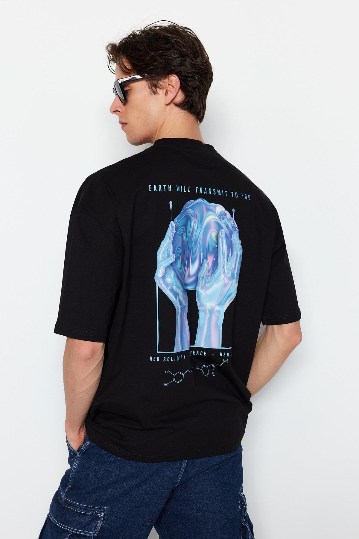 Black Printed Oversize T-Shirt, , large image number 1