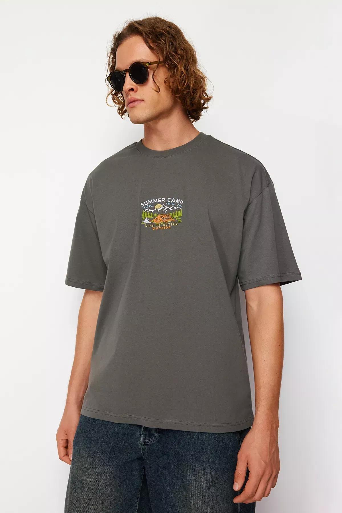 Grey Landscape Embroidered T-Shirt, , large image number 0
