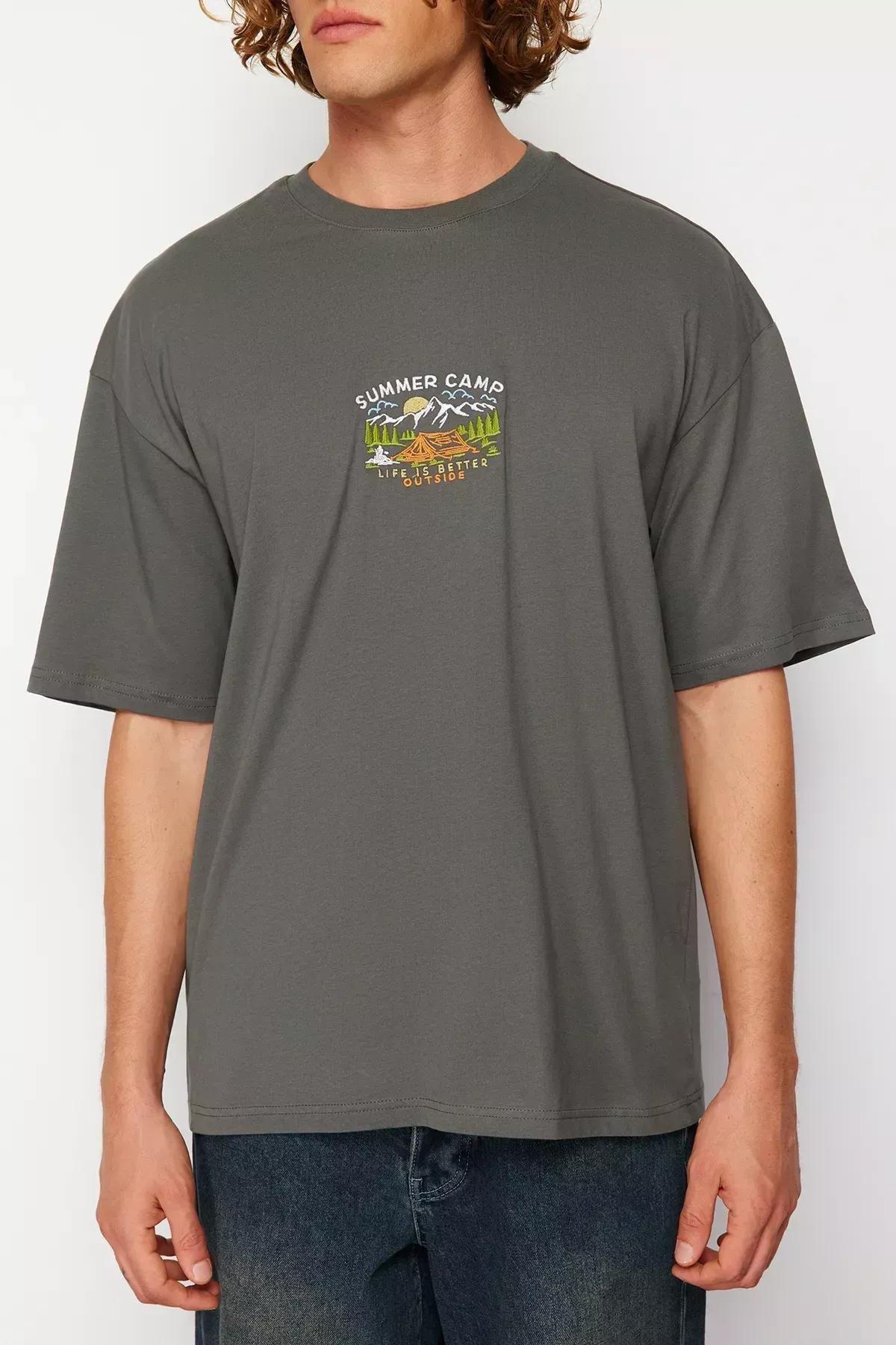Grey Landscape Embroidered T-Shirt, , large image number 7