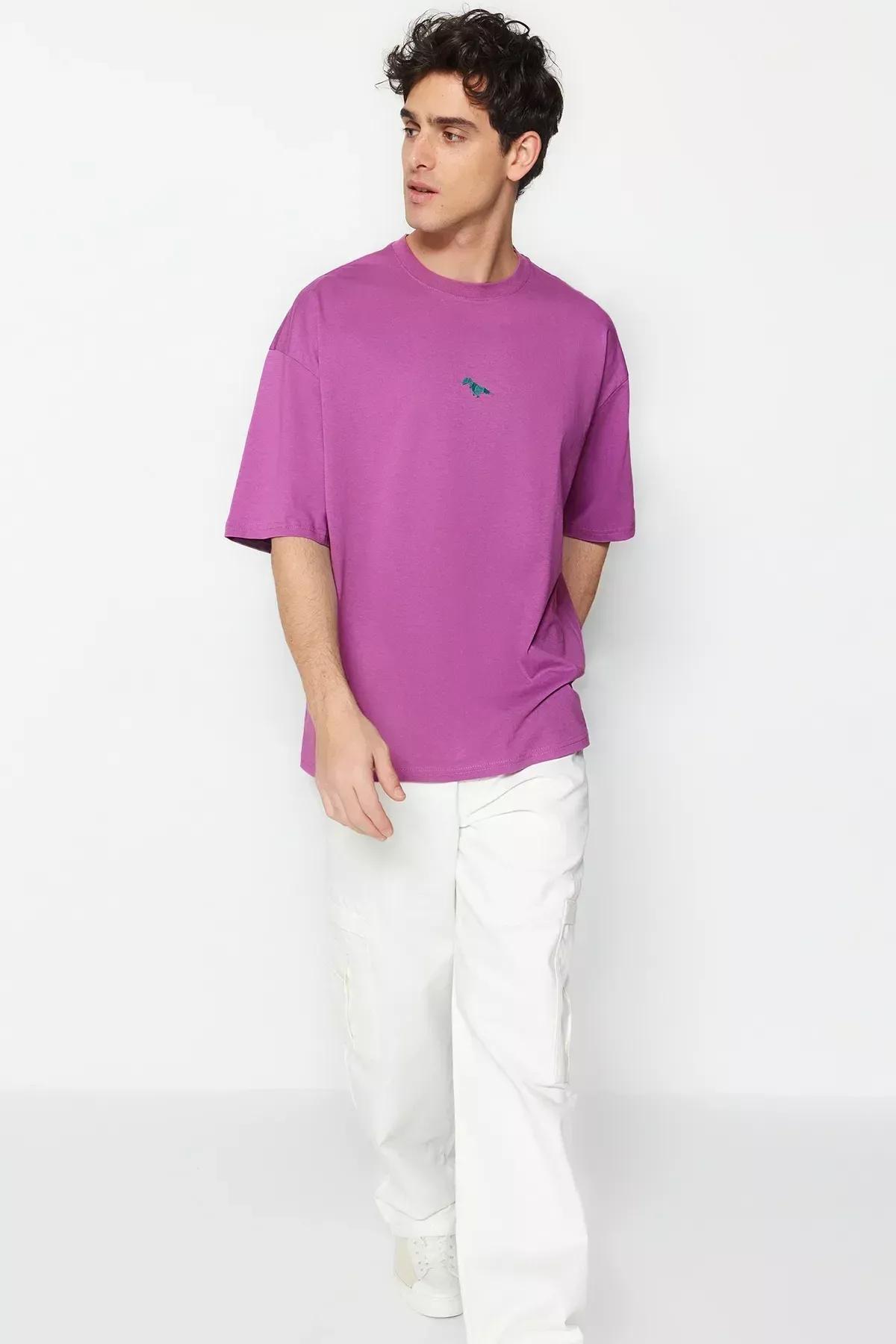 تيشيرت بقصة فضفاضة بفتحة رقبة مستديرة، بنفسجي, Purple, large image number 3