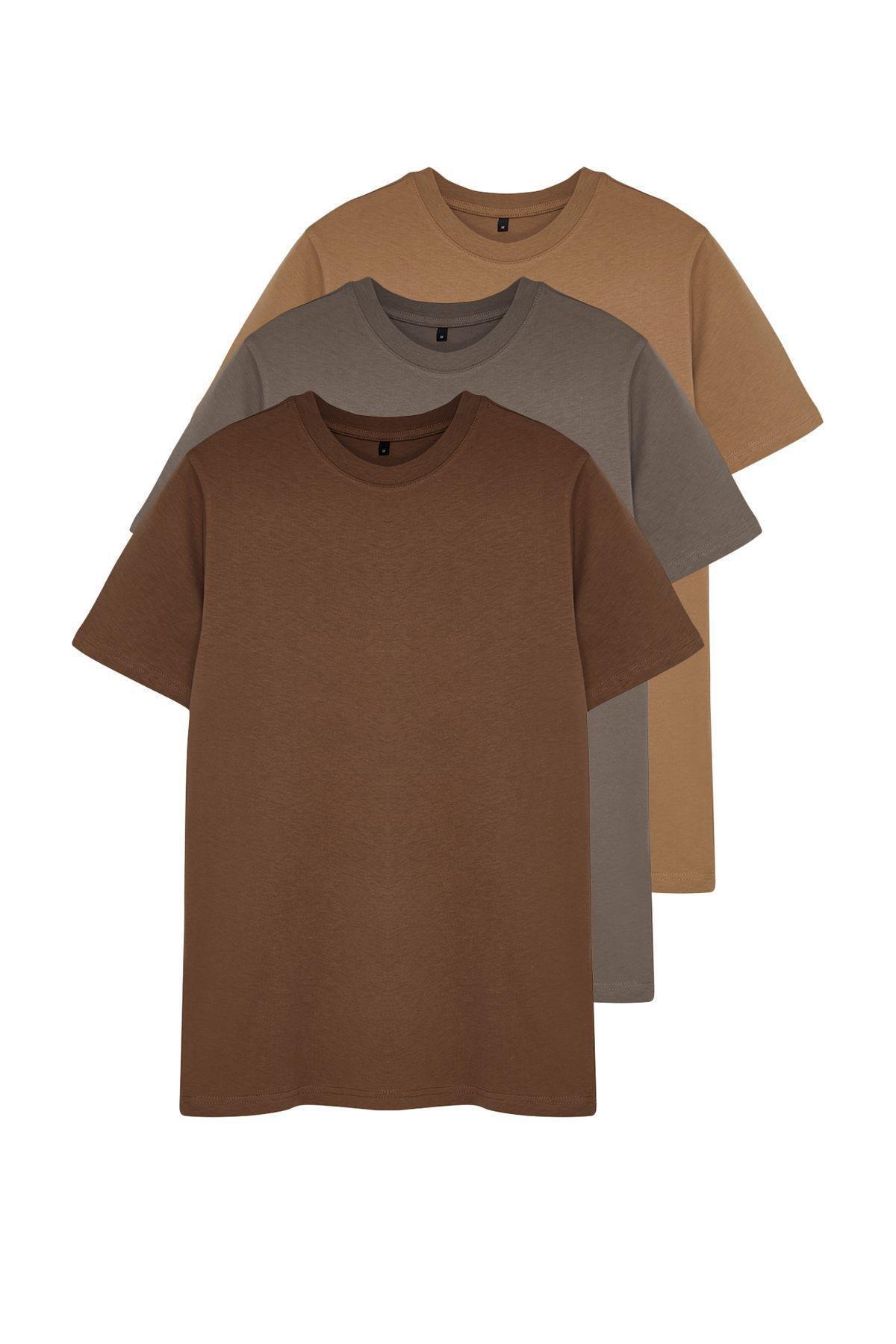 Brown-Beige-Gray Slim/Slim Cut Crew Neck Basic 100% Cotton 3-Pack T-Shirt TMNSS19BO0007, 3some, , large image number 0