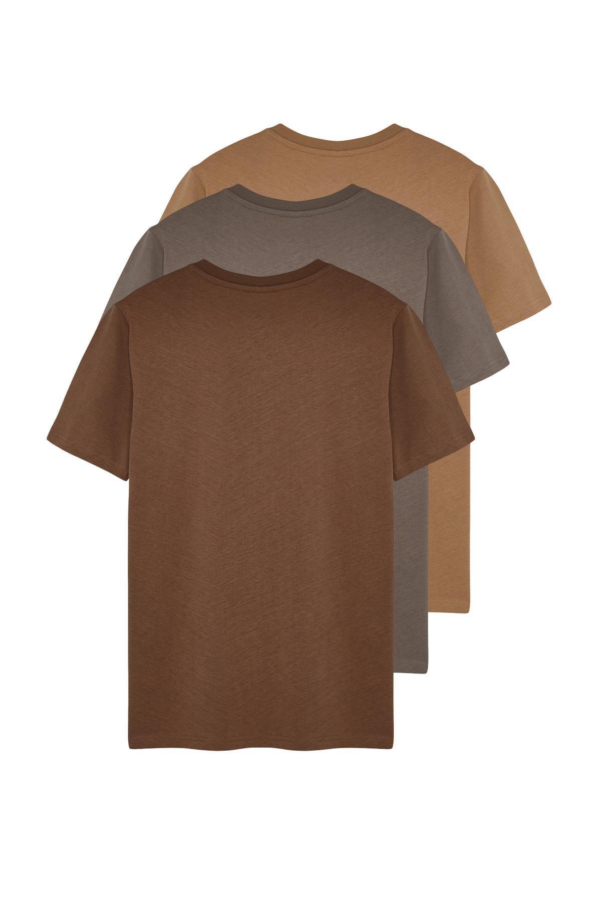 Brown-Beige-Gray Slim/Slim Cut Crew Neck Basic 100% Cotton 3-Pack T-Shirt TMNSS19BO0007, 3some, , large image number 1