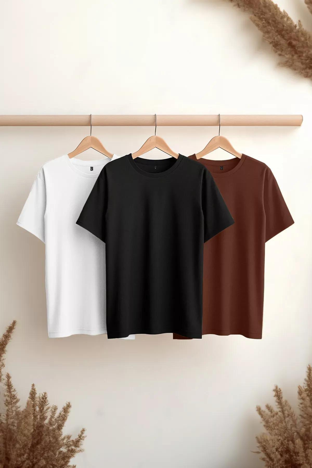 Multicolour Short Sleeved T-Shirt ,Set Of 3, Black-Brown, medium