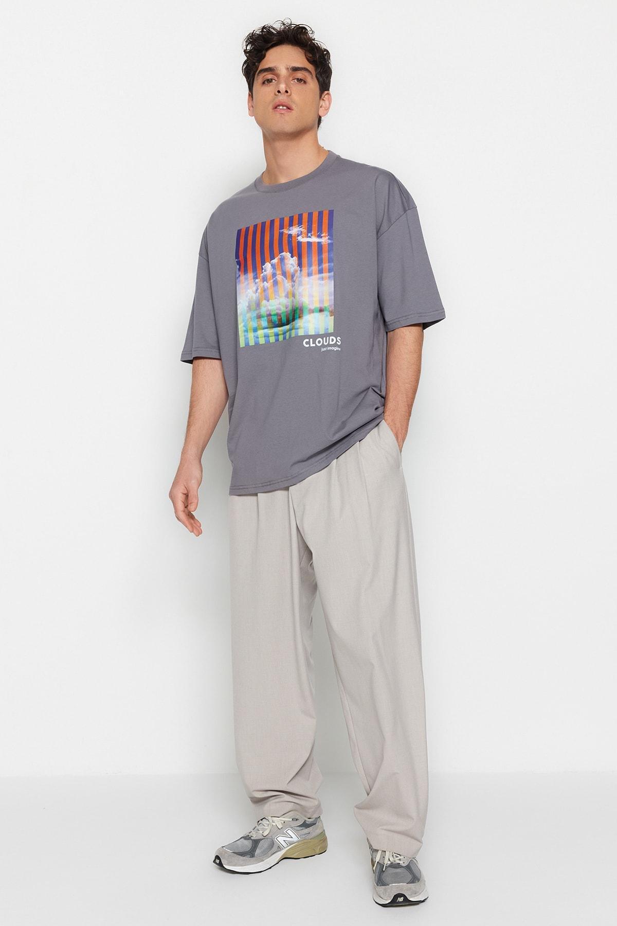 Trendyol - Grey Printed Oversize T-Shirt