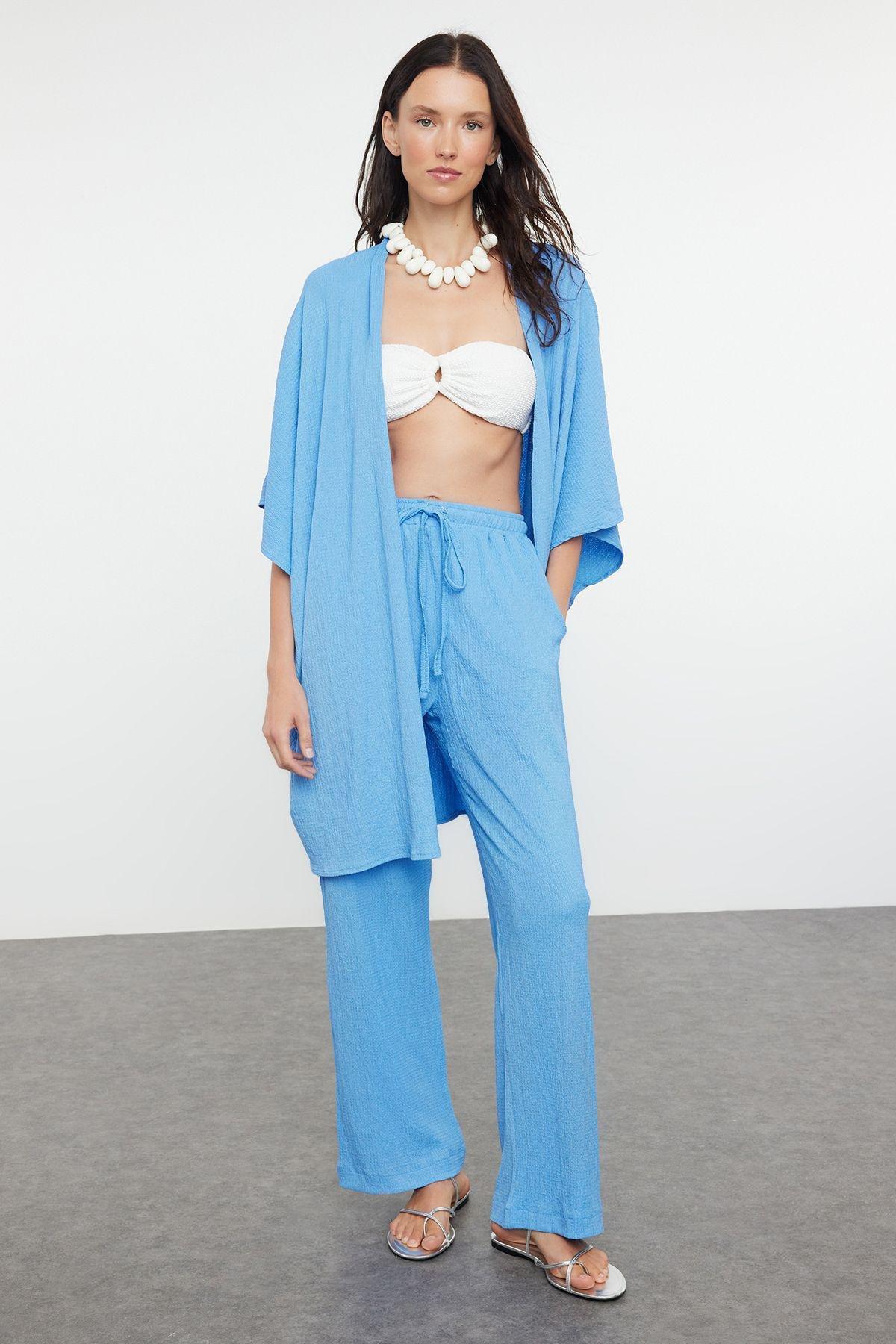 Blue Woven Crepe Kimono Trouser Set TBESS23AU00149, , large image number 0