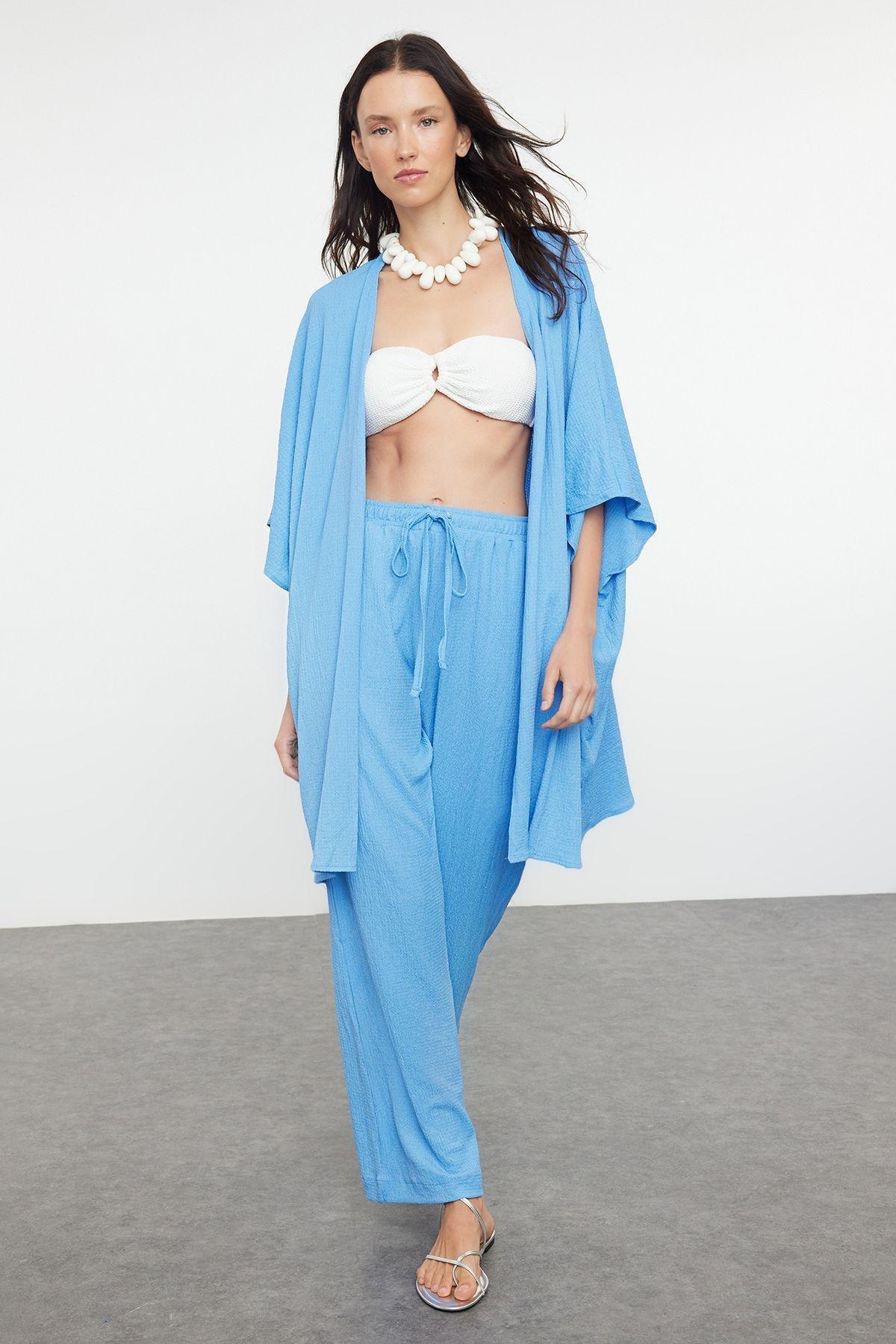 Blue Woven Crepe Kimono Trouser Set TBESS23AU00149, , large image number 1