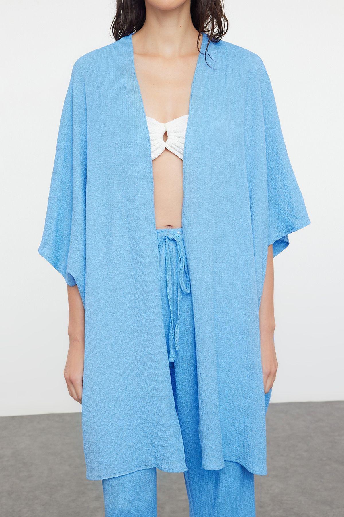 Blue Woven Crepe Kimono Trouser Set TBESS23AU00149, , large image number 2