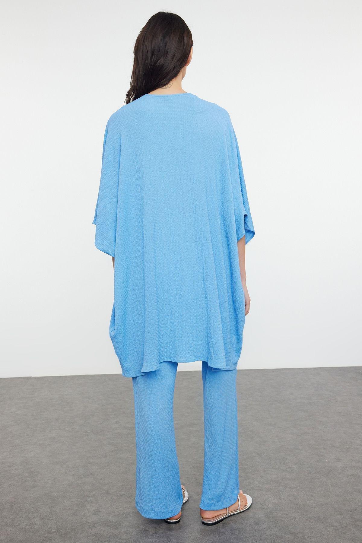 Blue Woven Crepe Kimono Trouser Set TBESS23AU00149, , large image number 4