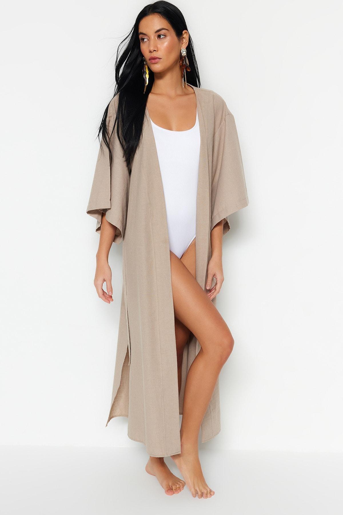 Beige Bell Sleeve Kimono, , large image number 1
