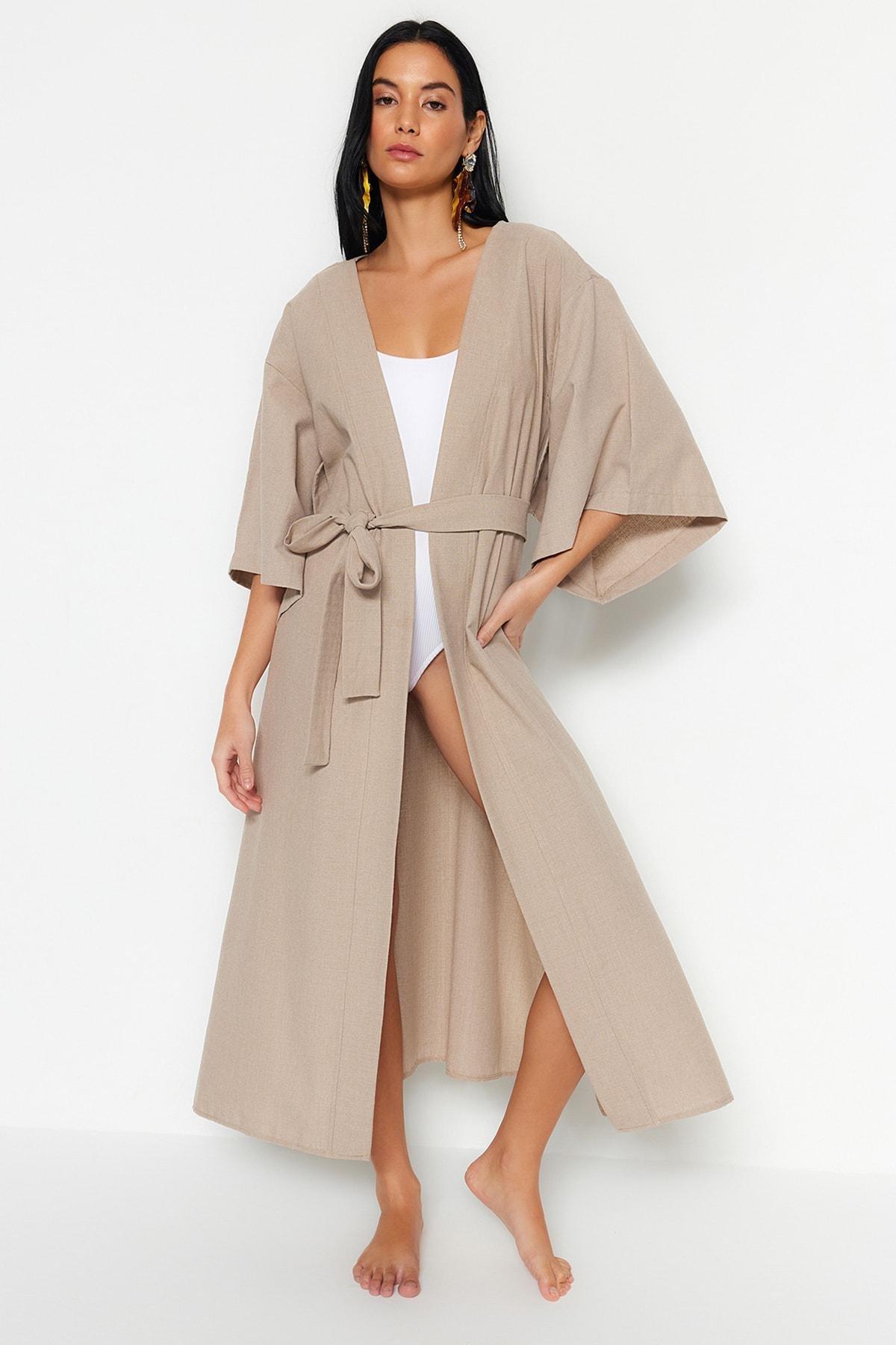 Beige Bell Sleeve Kimono, , large image number 2