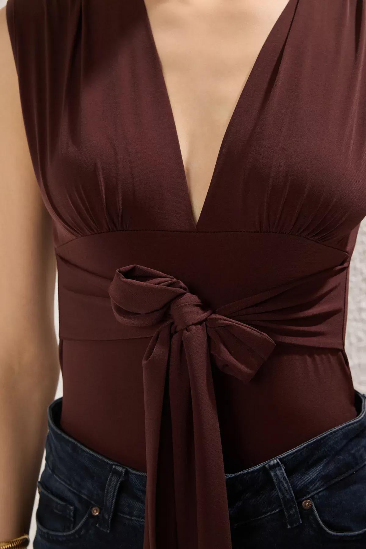 Brown Binding Detail V-Neck Snap Bodysuit, , large image number 2