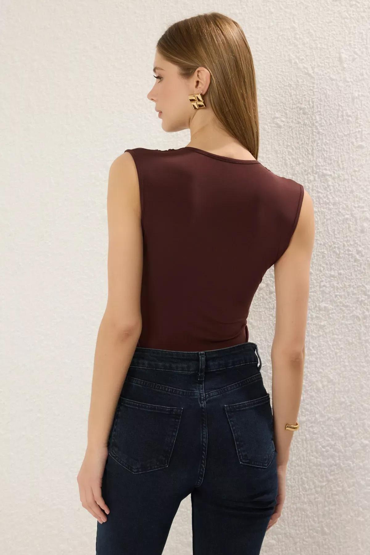 Brown Binding Detail V-Neck Snap Bodysuit, , large image number 3