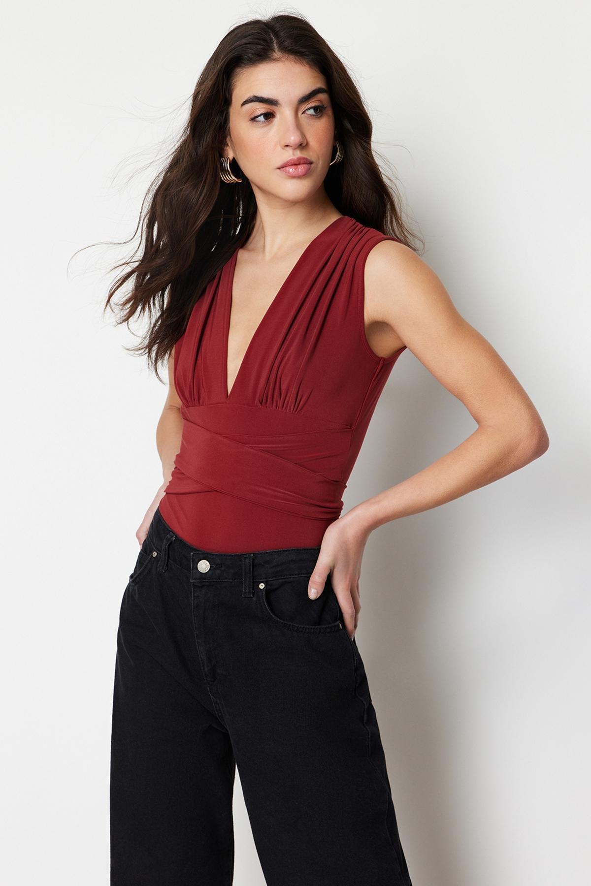 V-Neck Elastic Knitted Bodysuit, , large image number 0