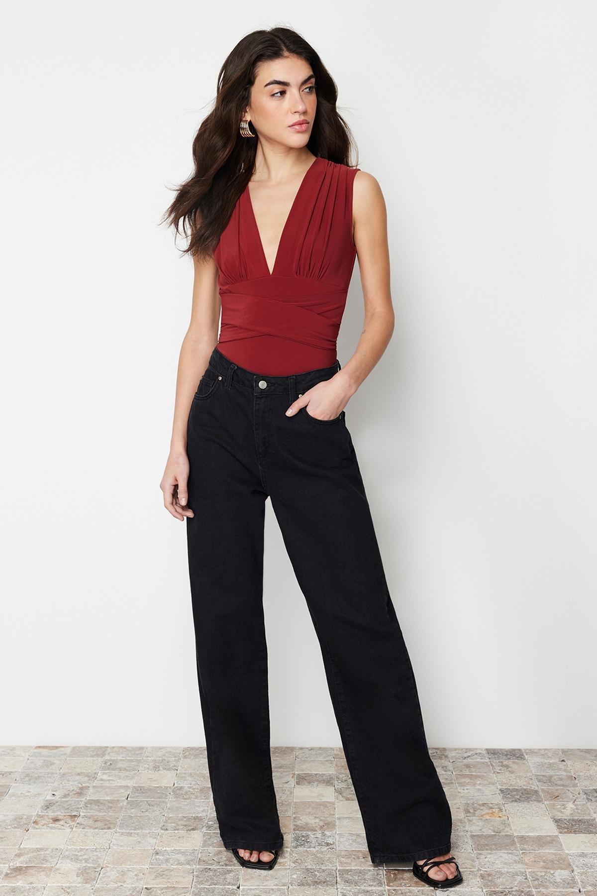 V-Neck Elastic Knitted Bodysuit, , large image number 1
