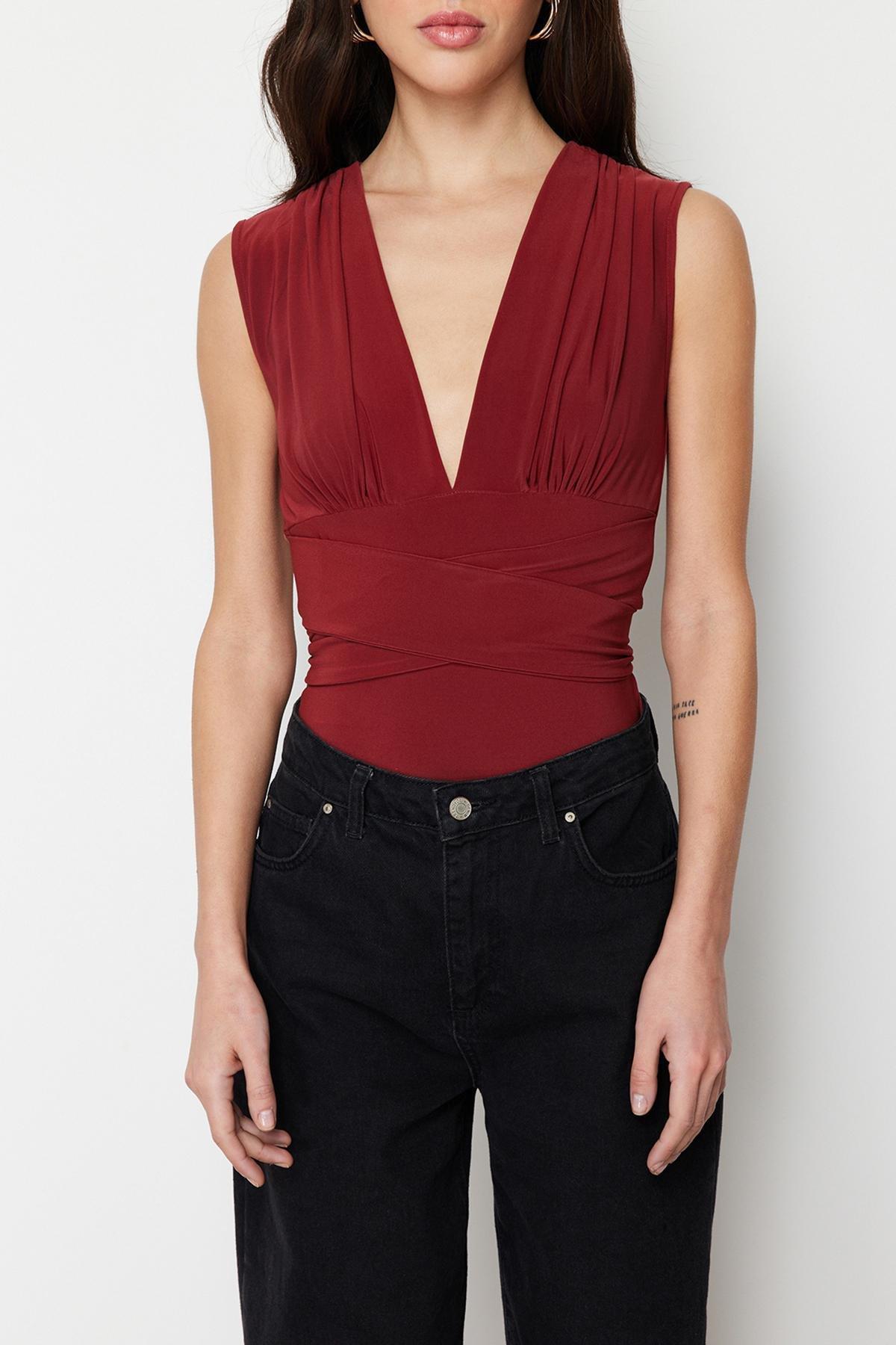 V-Neck Elastic Knitted Bodysuit, , large image number 2