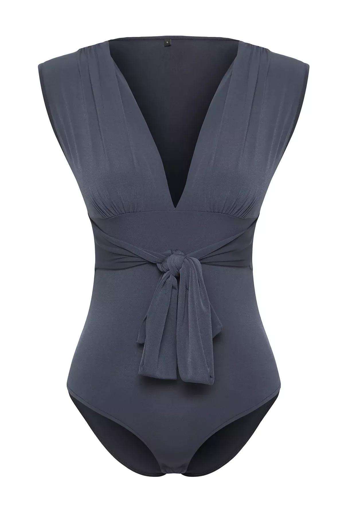 Grey Binding Detail V-Neck Bodysuit, , large image number 4
