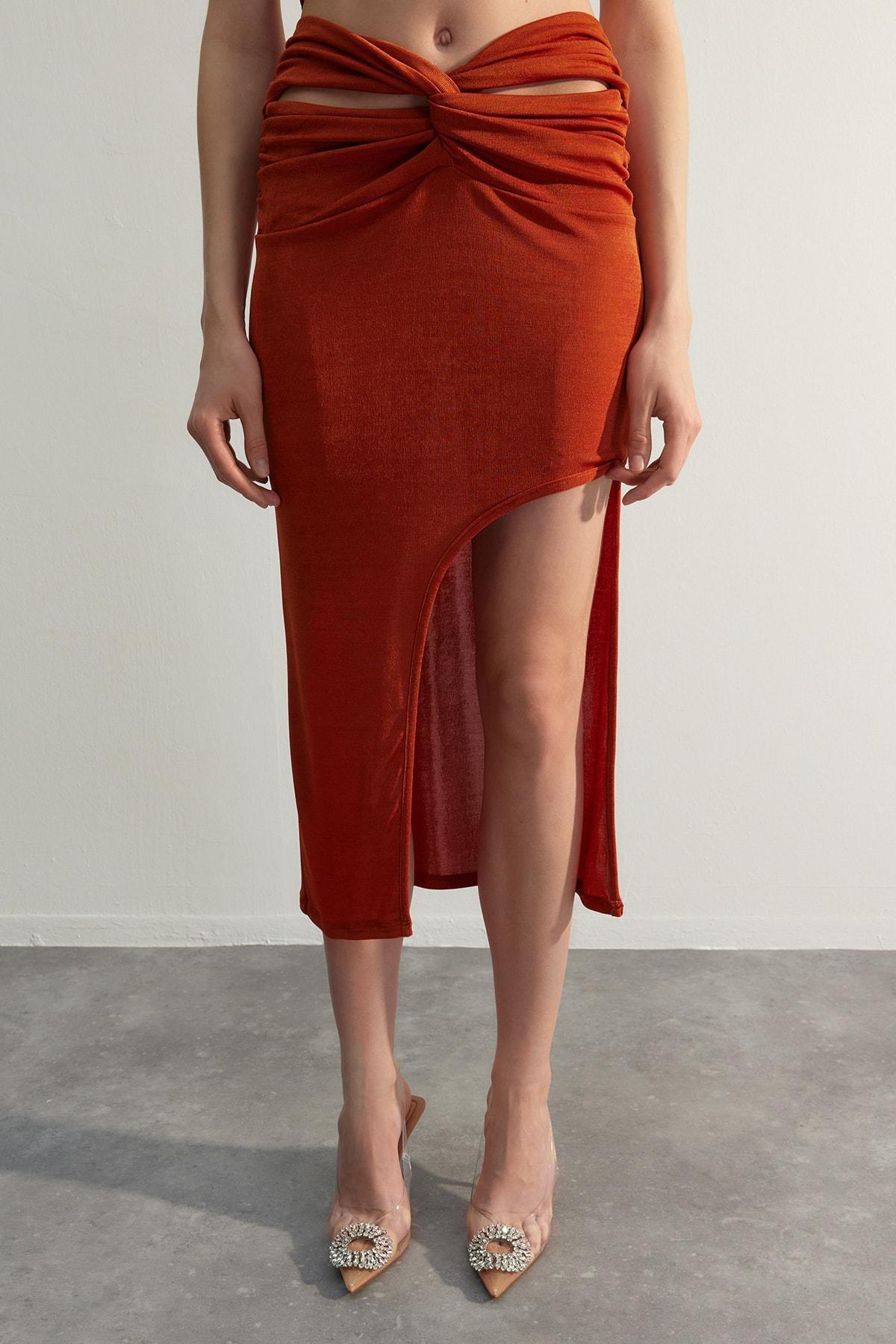 Trendyol - Brown Fitted Pencil Midi Skirt