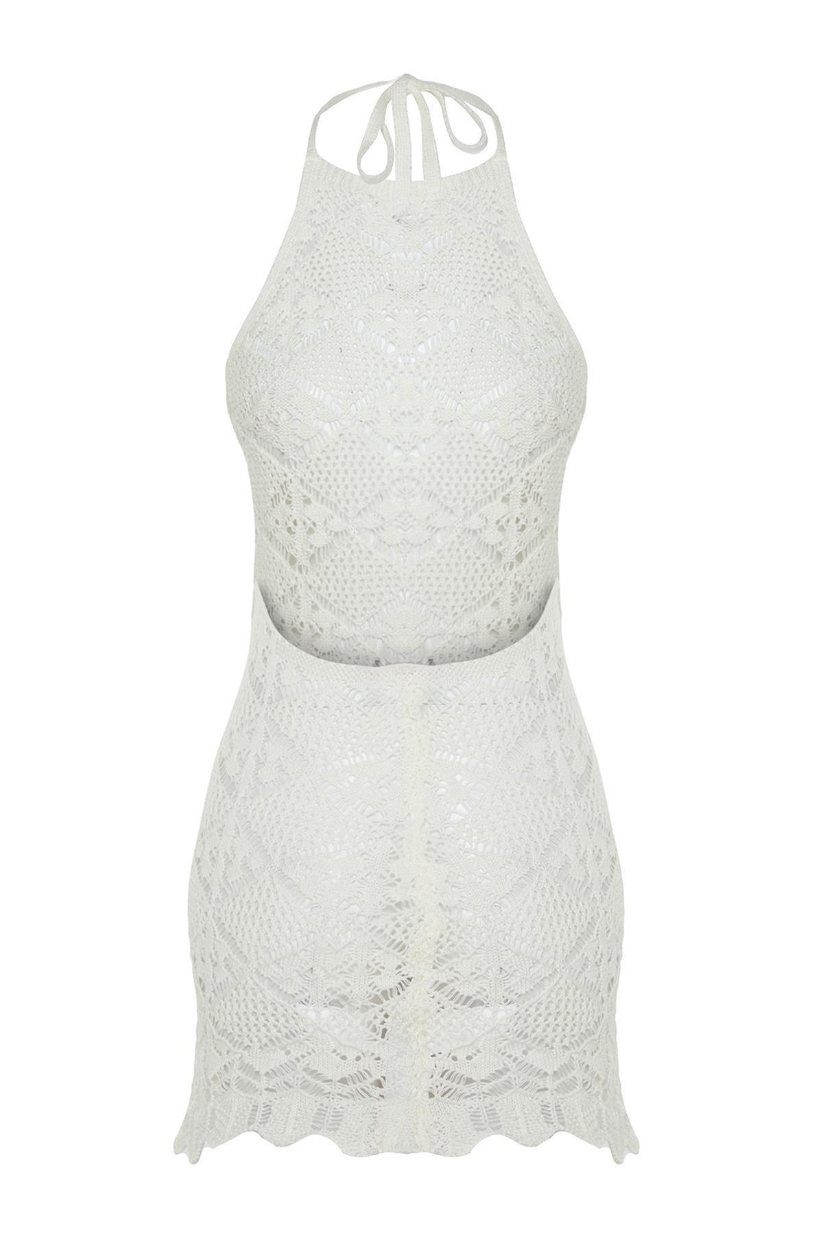 Ecru Mini Backless Knitwear Beach Dress, , large image number 6