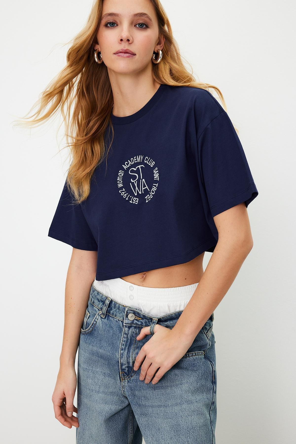 Navy Crew Neck Embroidered Knitted T-Shirt, , large image number 0