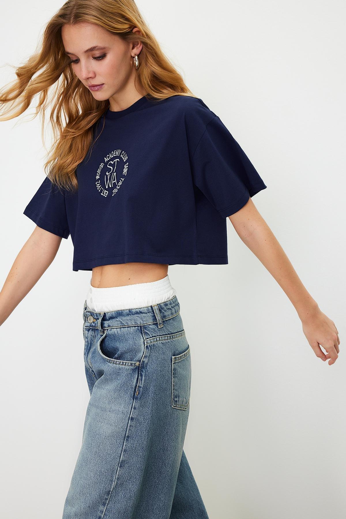 Navy Crew Neck Embroidered Knitted T-Shirt, , large image number 1