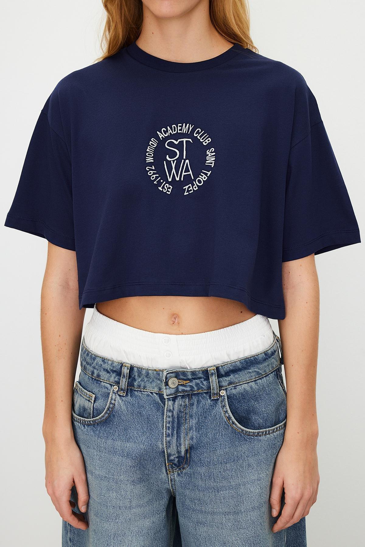 Navy Crew Neck Embroidered Knitted T-Shirt, , large image number 3
