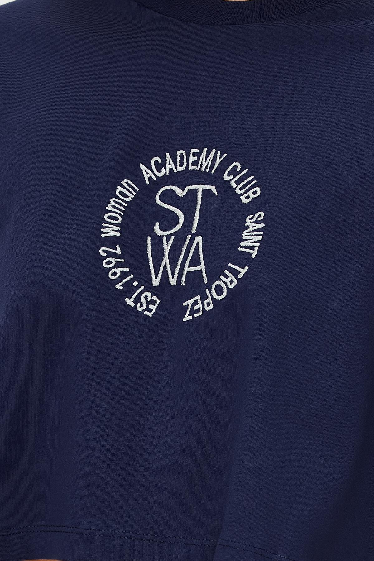 Navy Crew Neck Embroidered Knitted T-Shirt, , large image number 4