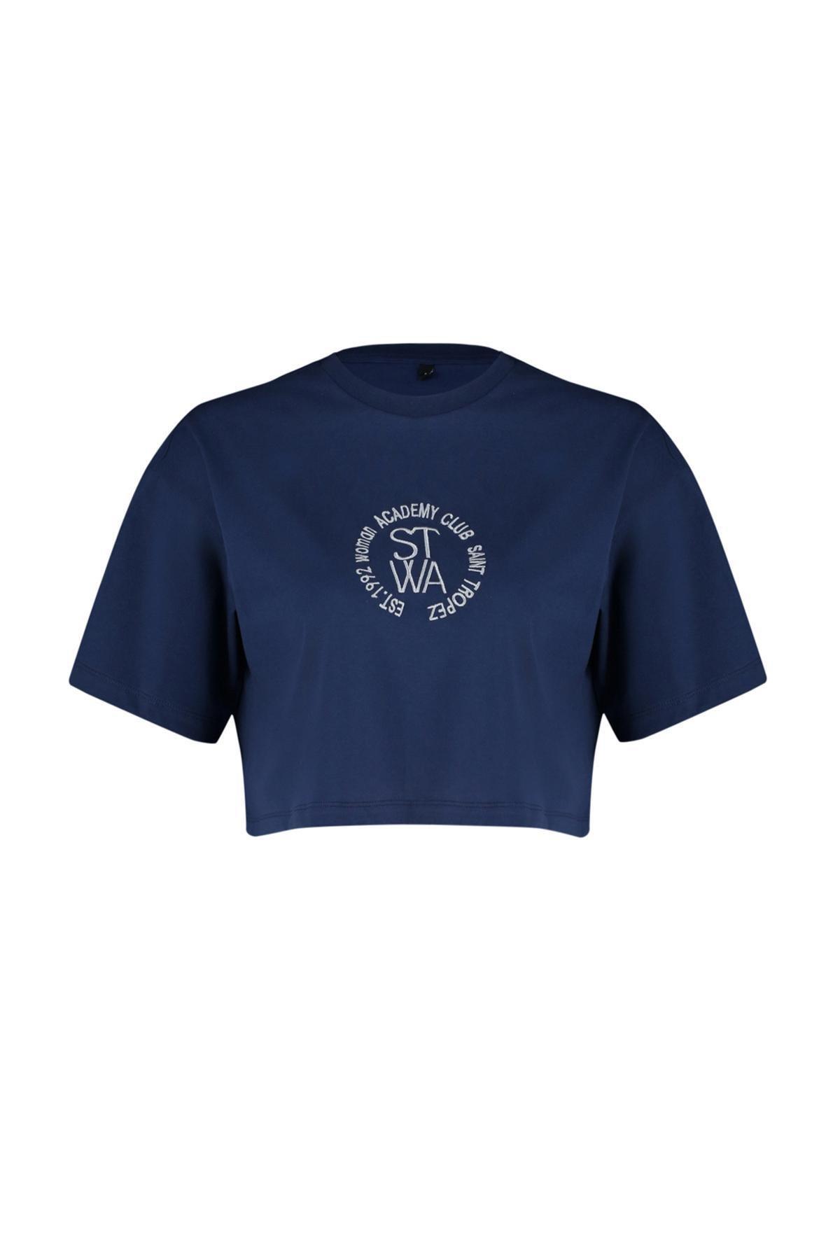 Navy Crew Neck Embroidered Knitted T-Shirt, , large image number 5