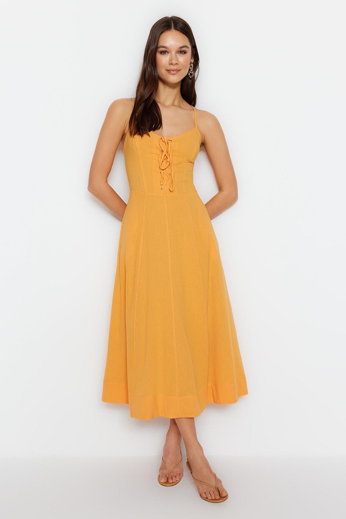 Trendyol - Orange V-Neck Skater Dress