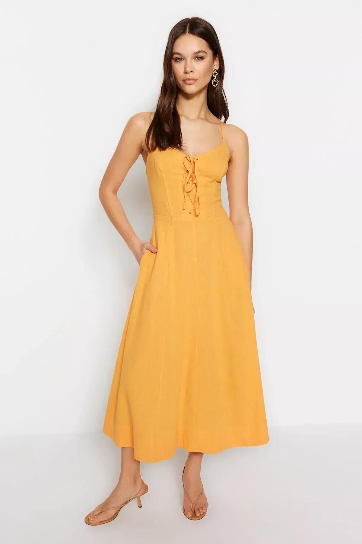 فستان سكيتر بفتحة رقبة V، برتقالي, Orange, large image number 2