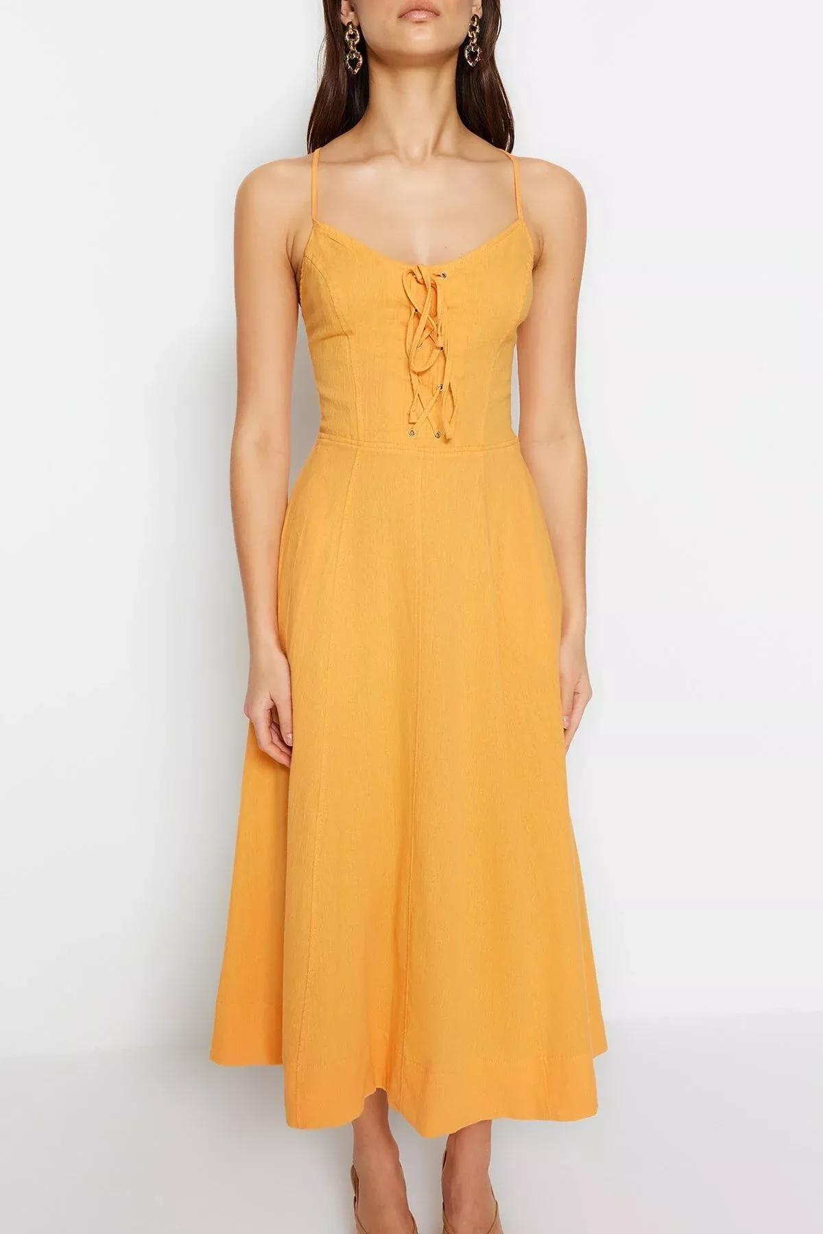 فستان سكيتر بفتحة رقبة V، برتقالي, Orange, large image number 3