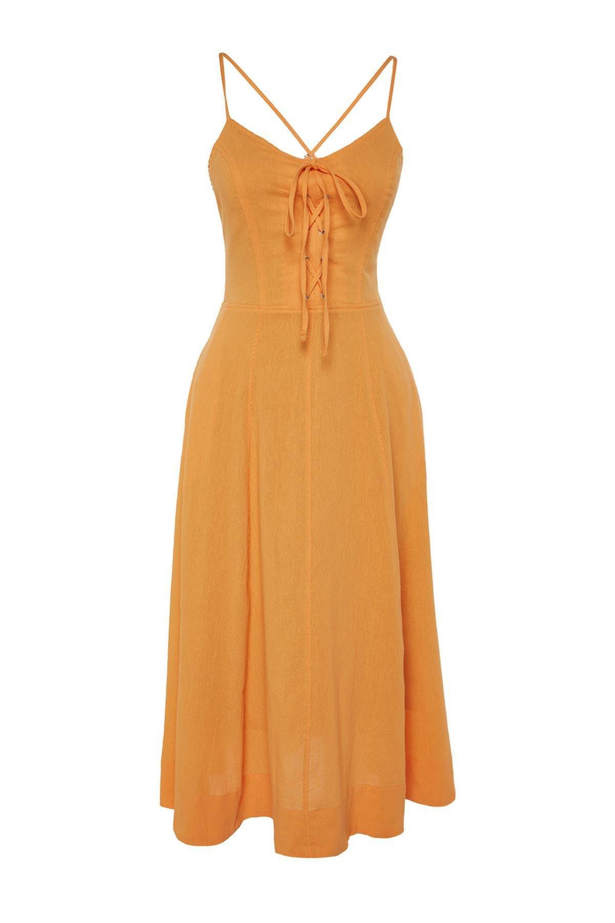 Trendyol - Orange V-Neck Skater Dress