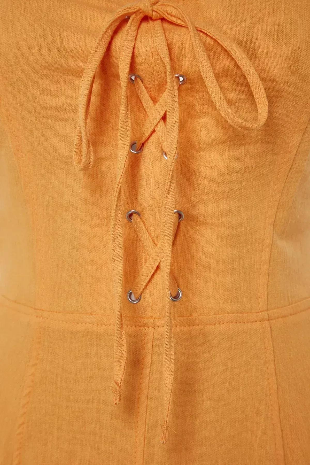 فستان سكيتر بفتحة رقبة V، برتقالي, Orange, large image number 6