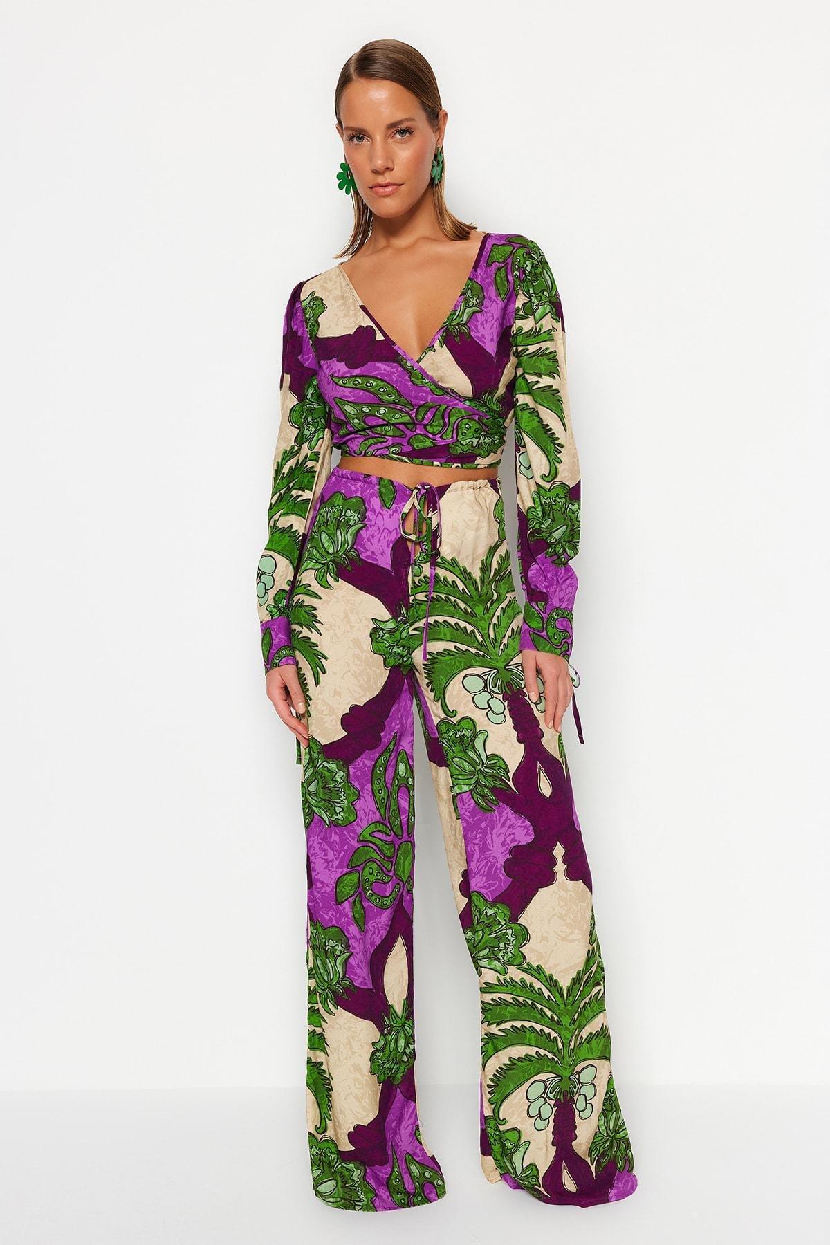 Multicolour Tropical V-Neck Co-Ord Set, , large image number 0