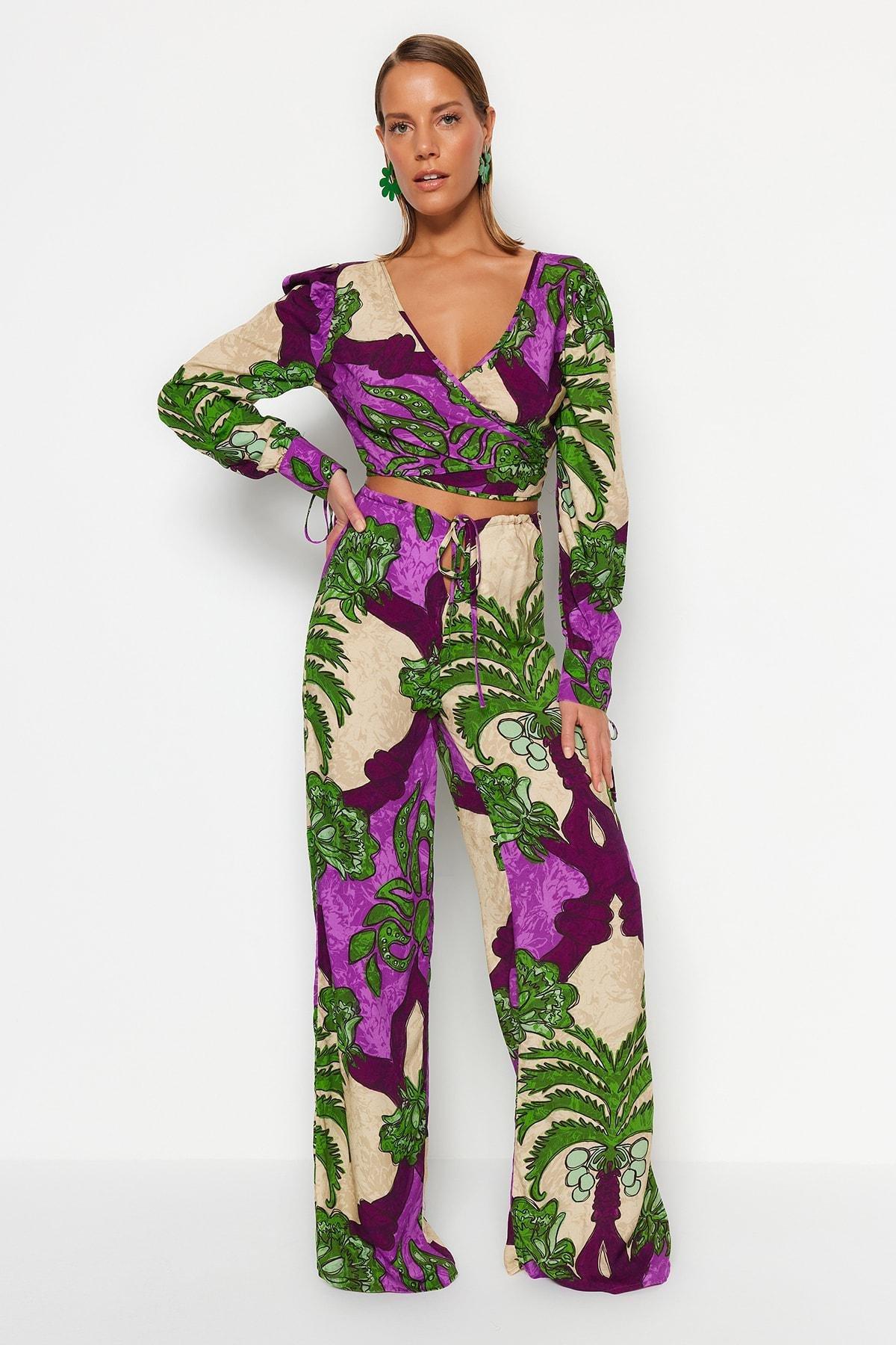 Multicolour Tropical V-Neck Co-Ord Set, , large image number 1