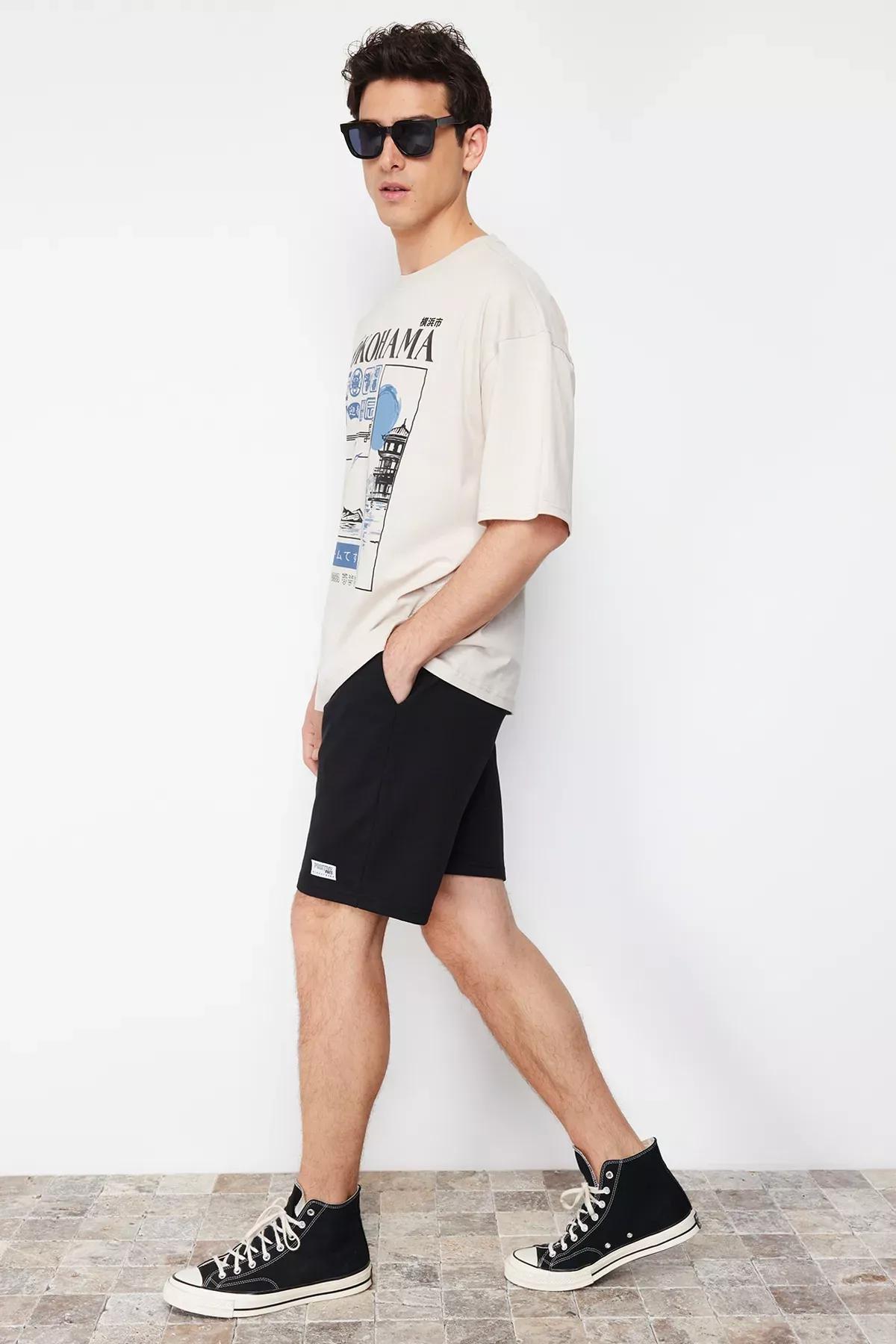 Black Mid Waist Straight Shorts, , large image number 0