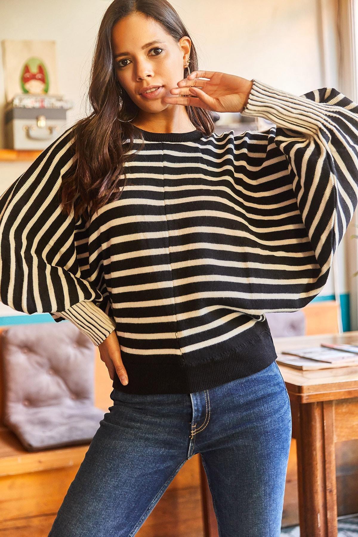 Black Cuff Detailed Striped Bat Oversize Knitwear Sweater, , large image number 0