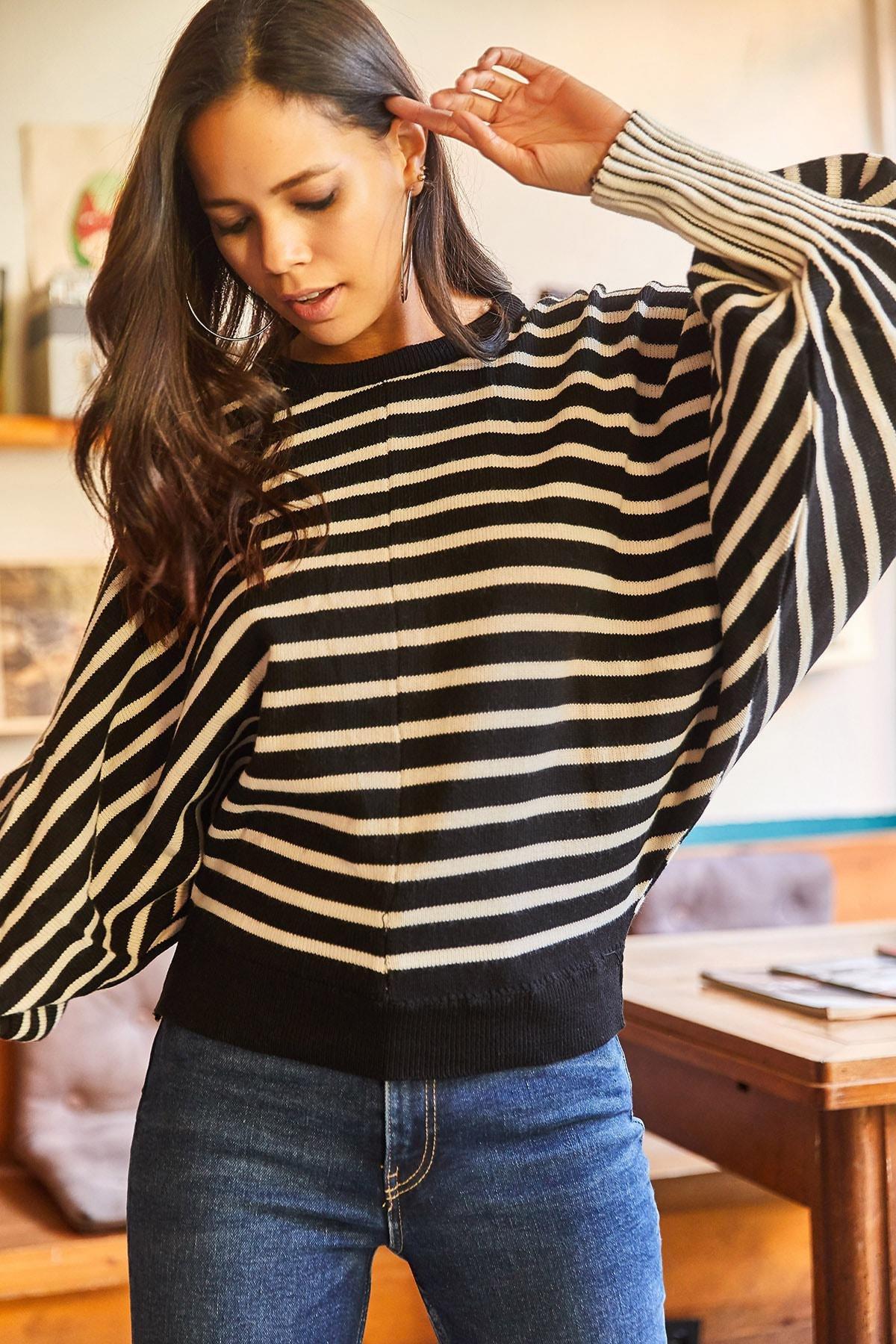 Black Cuff Detailed Striped Bat Oversize Knitwear Sweater, , large image number 1