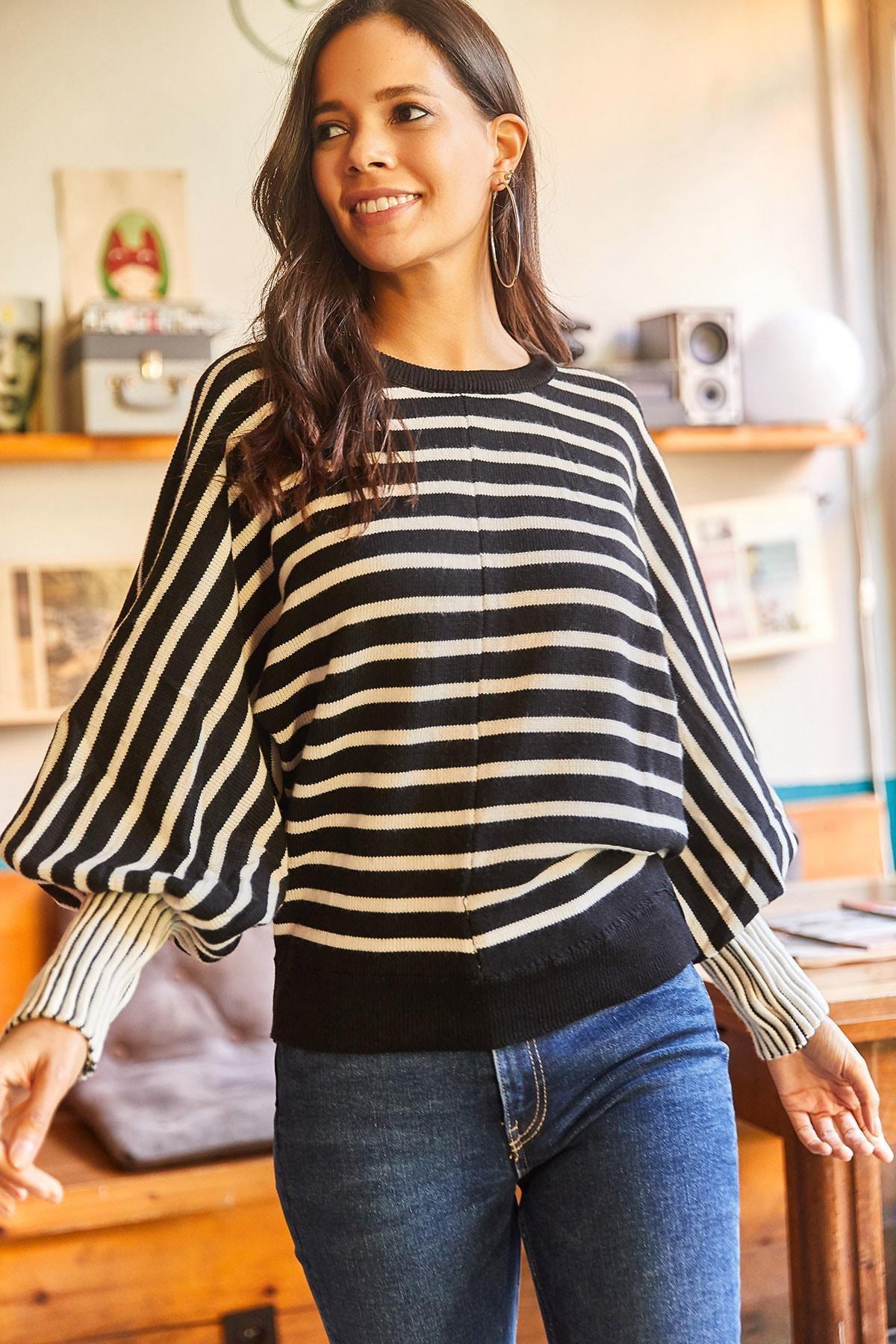 Black Cuff Detailed Striped Bat Oversize Knitwear Sweater, , large image number 2