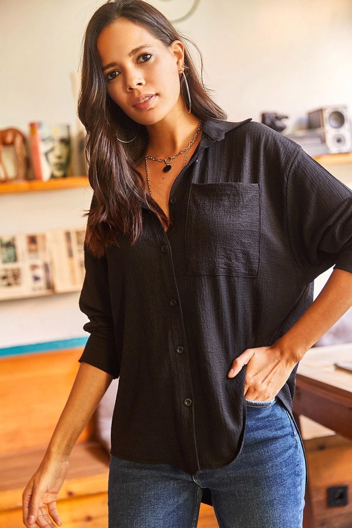 Black Buttoned Textured Oversized Shirt, , large image number 0