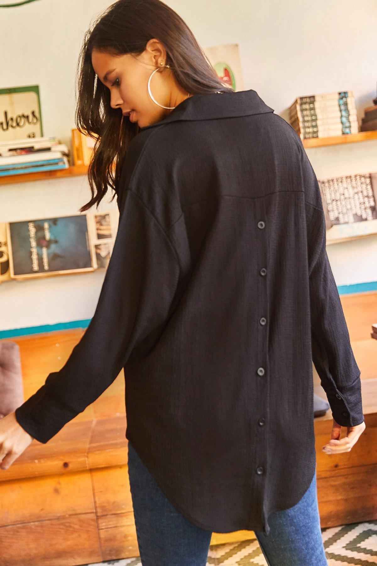 Black Buttoned Textured Oversized Shirt, , large image number 1