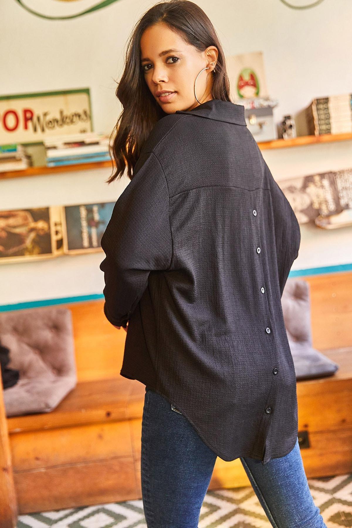 Black Buttoned Textured Oversized Shirt, , large image number 2
