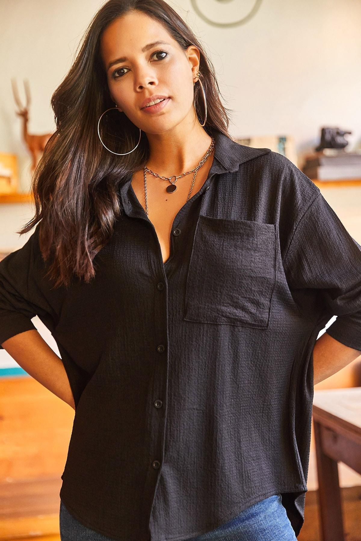 Black Buttoned Textured Oversized Shirt, , large image number 3