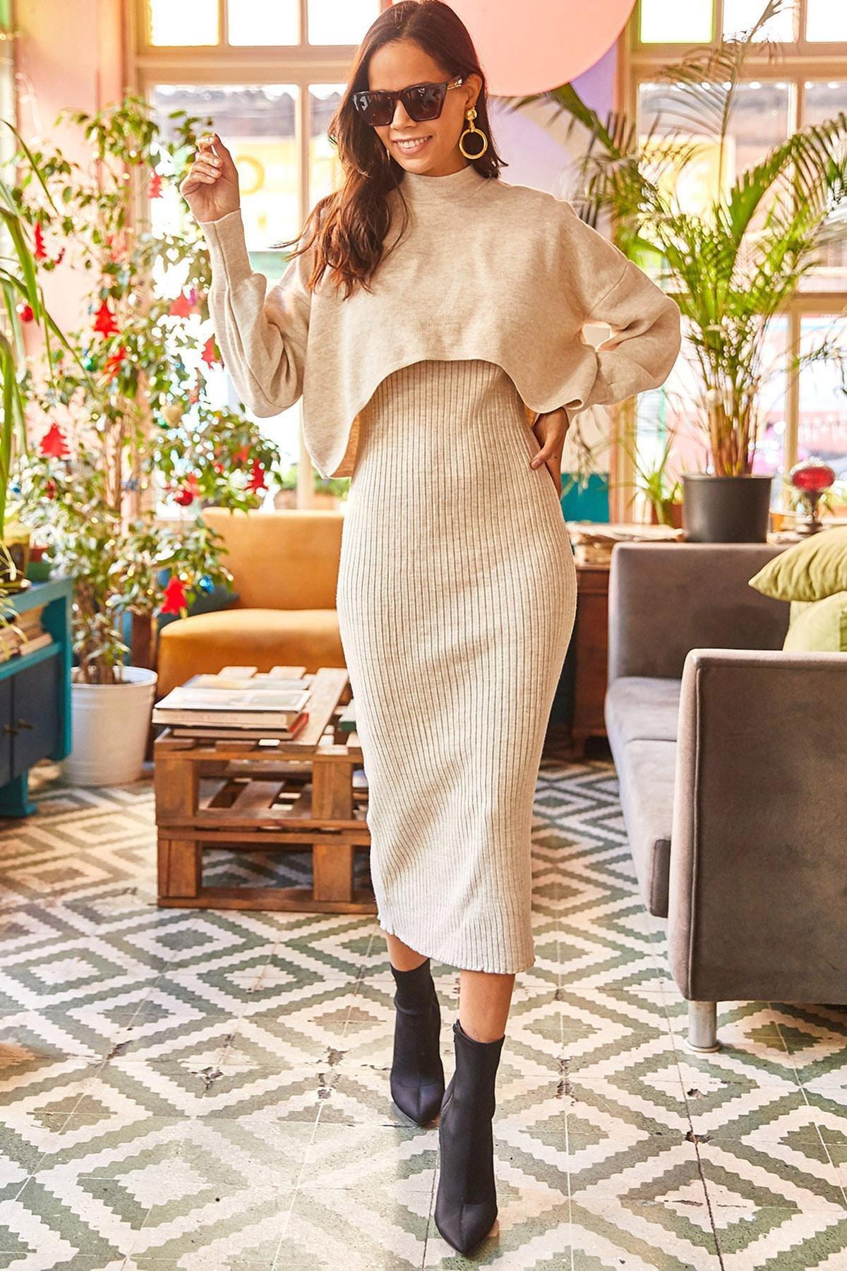 Beige Crop Sweater Knitwear Co-Ord Set, Rock, large image number 1
