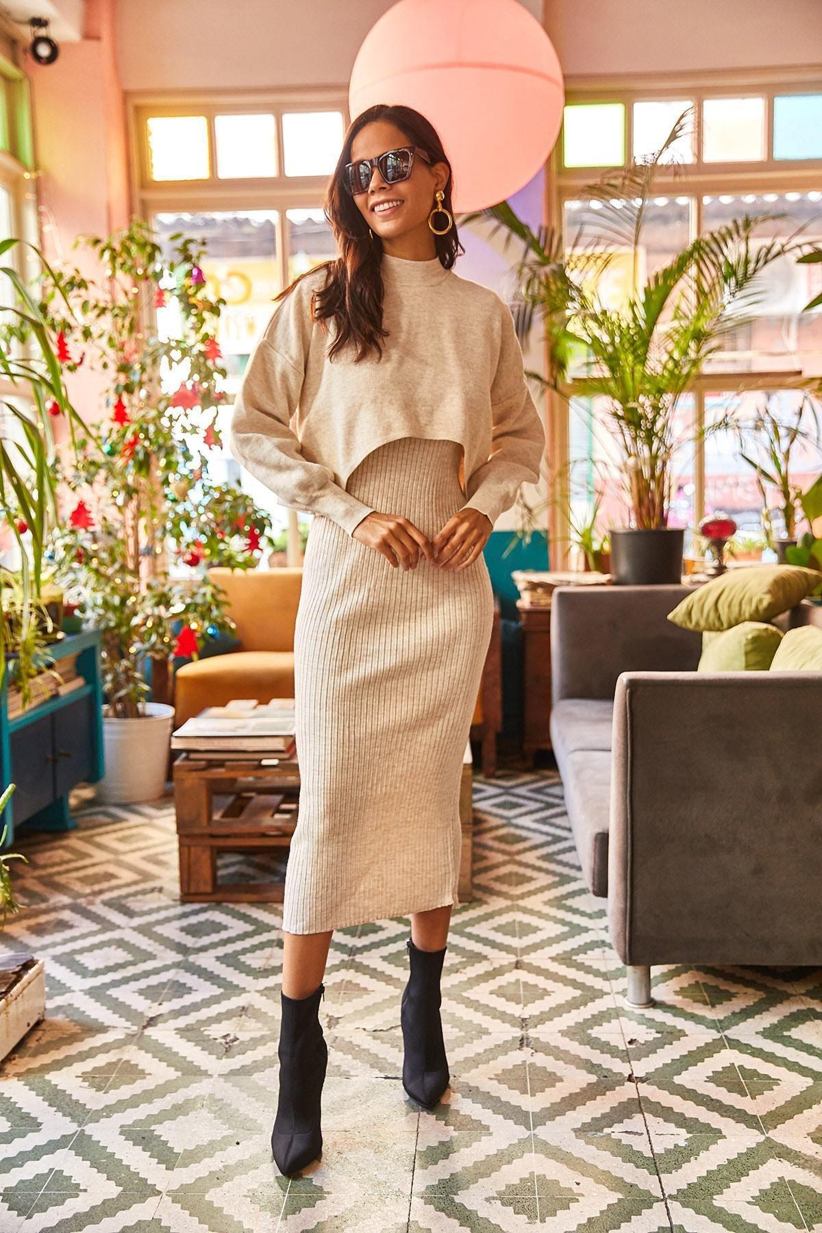 Beige Crop Sweater Knitwear Co-Ord Set, Rock, large image number 4