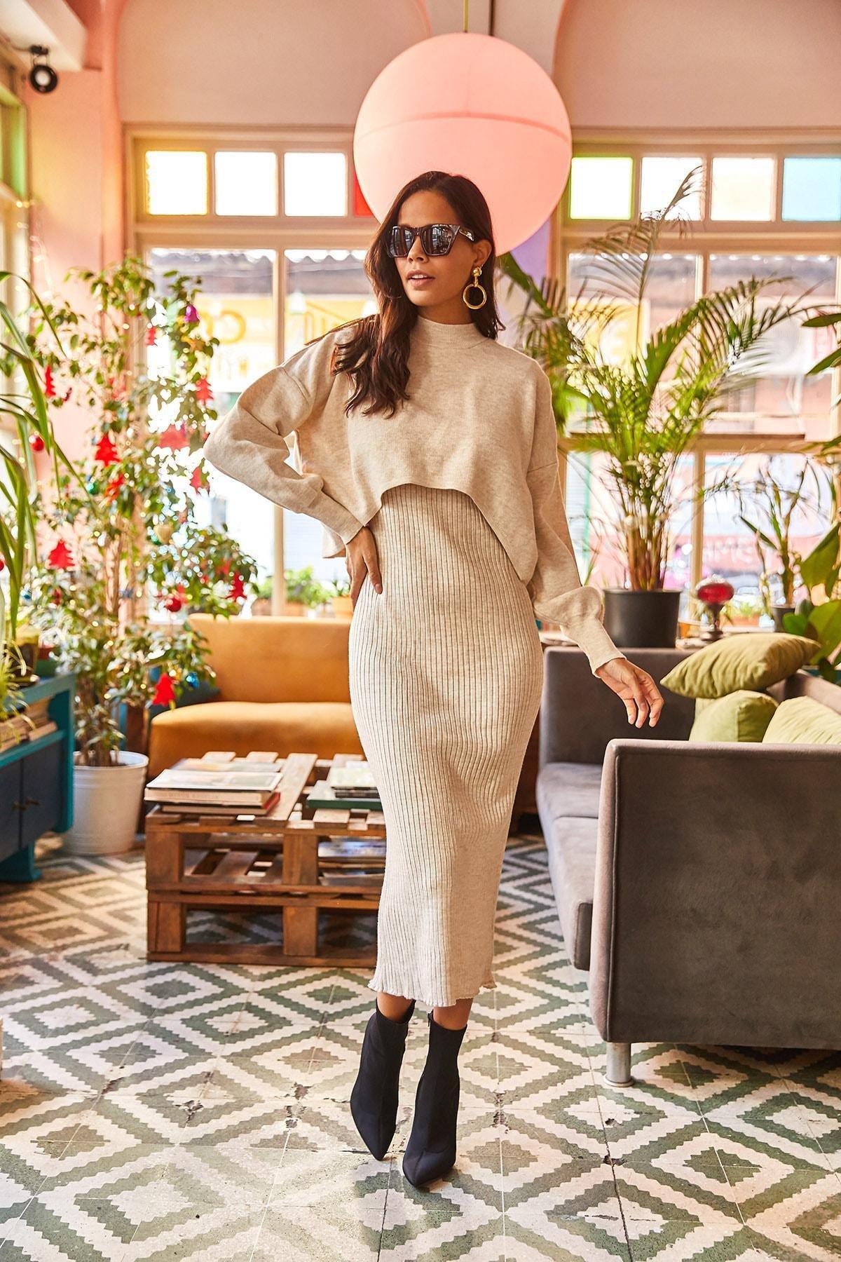 Beige Crop Sweater Knitwear Co-Ord Set, Rock, large image number 5
