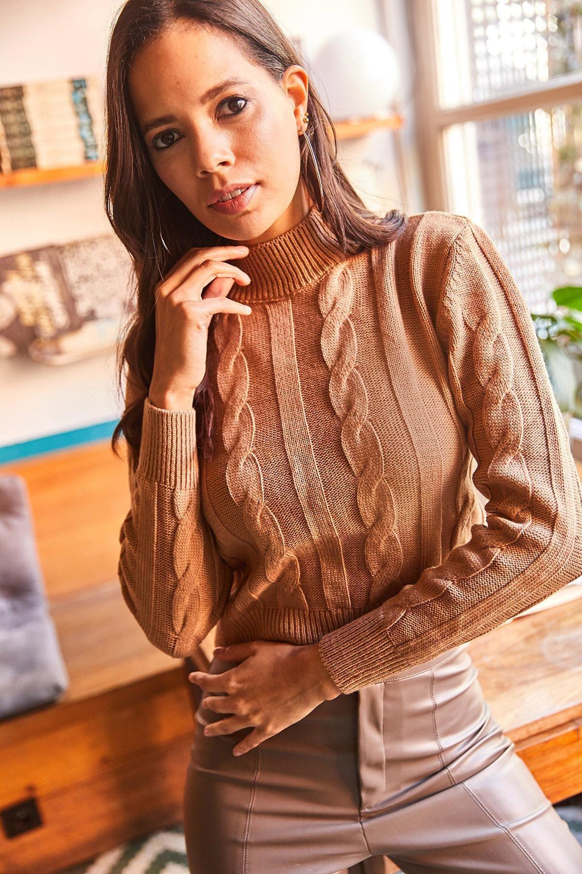 Brown Braided Sweater, BISCUIT, large image number 0