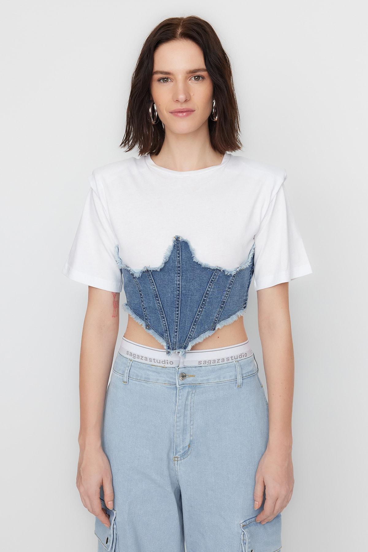 Blue Fitted Crew Neck Blouse, , large image number 3