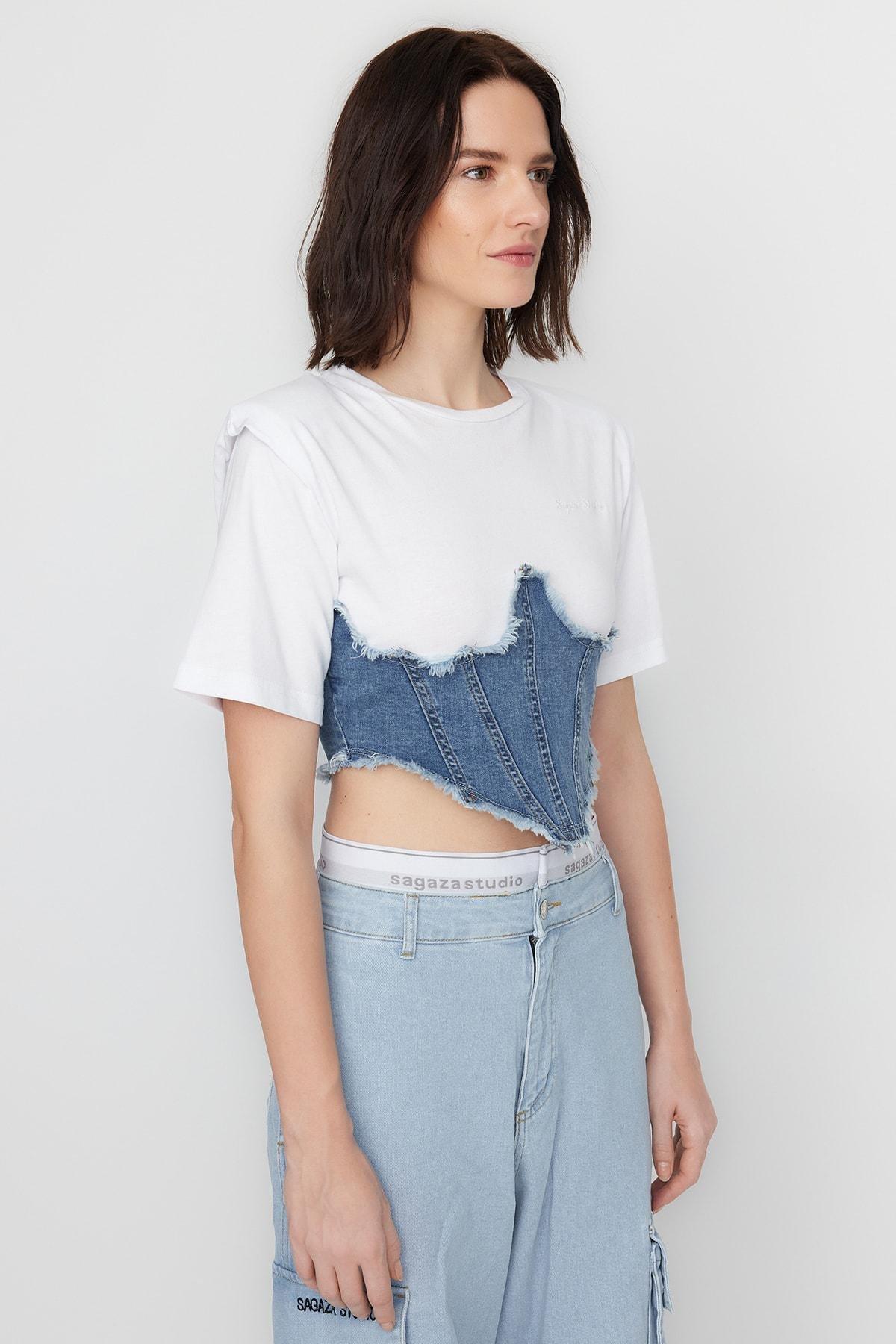 Blue Fitted Crew Neck Blouse, , large image number 4