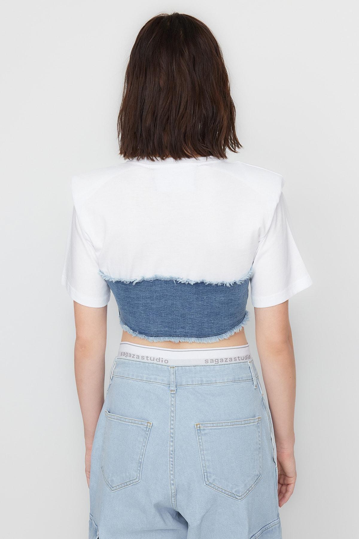 Blue Fitted Crew Neck Blouse, , large image number 6