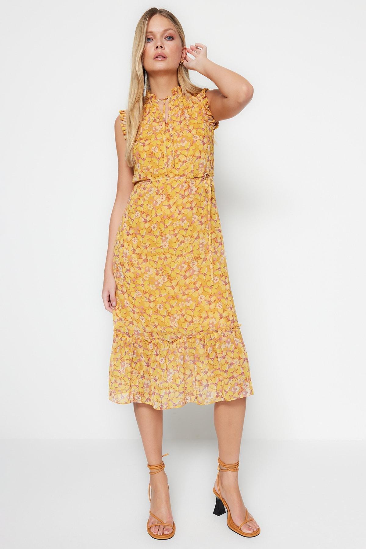 Yellow Floral Standing Collar Shift Dress, , large image number 1